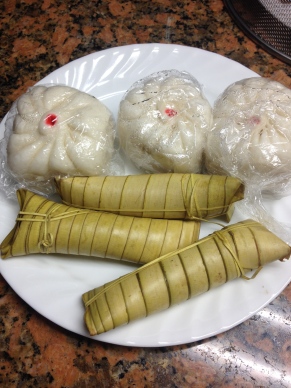 Siopao (Pork/chicken filled steamed buns) and Suman (Sticky rice)